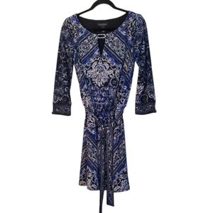 White House Black Market Blouson Scarf Print Blue and Black 3/4 Sleeve Dress M